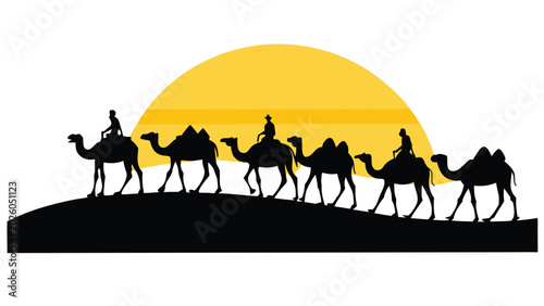 Foto Camel caravan with riders in desert, sun setting, silhouette
