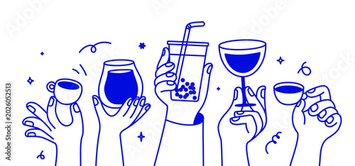 Valokuva Vector hand-drawn illustration of hands holding various drinks including bubble