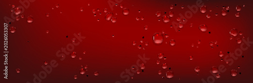 Принти на полотні Realistic water drops splash on red surface, transparent droplets, 3d vector illustration on scarlet background