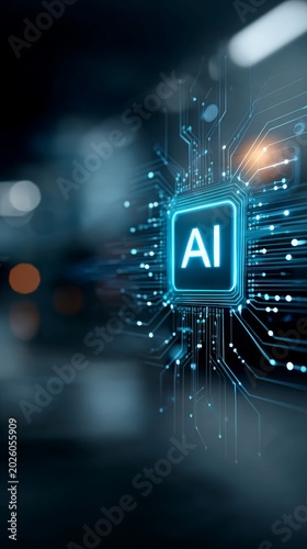 Futuristic AI microchip glowing in a digital environment, symbolizing artificial intelligence technology and innovation. Modern circuit board background highlights advanced computing power
