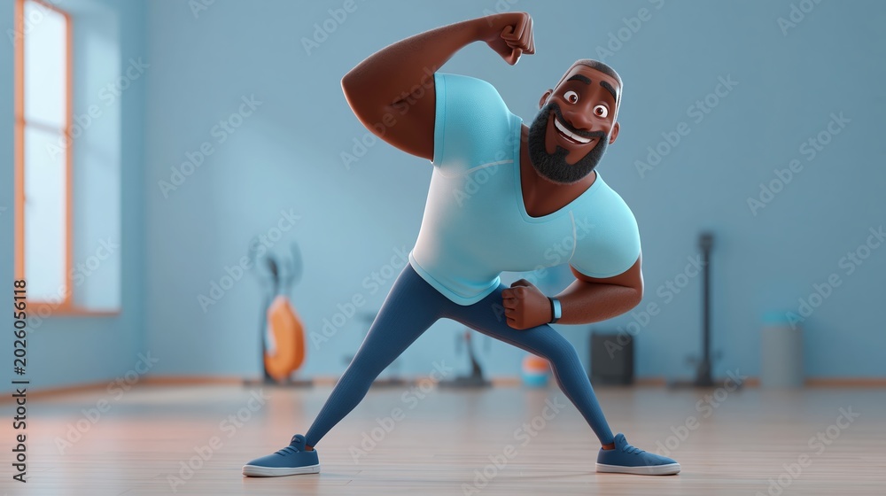 Naklejka premium Young male personal trainer demonstrating stretch in minimal gym