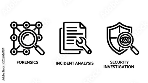 Digital forensics and cybersecurity incident investigation line icons with forensics incident analysis security investigation cybersecurity protection evidence magnifying document computer