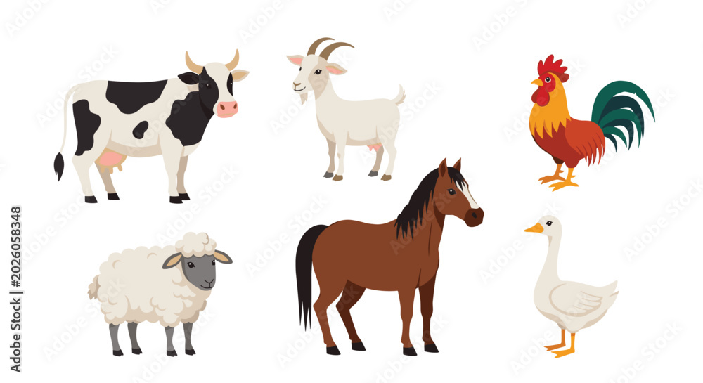 Obraz premium Collection of common farm animals featuring a cow, goat, rooster, sheep, horse, and goose for children educational material.