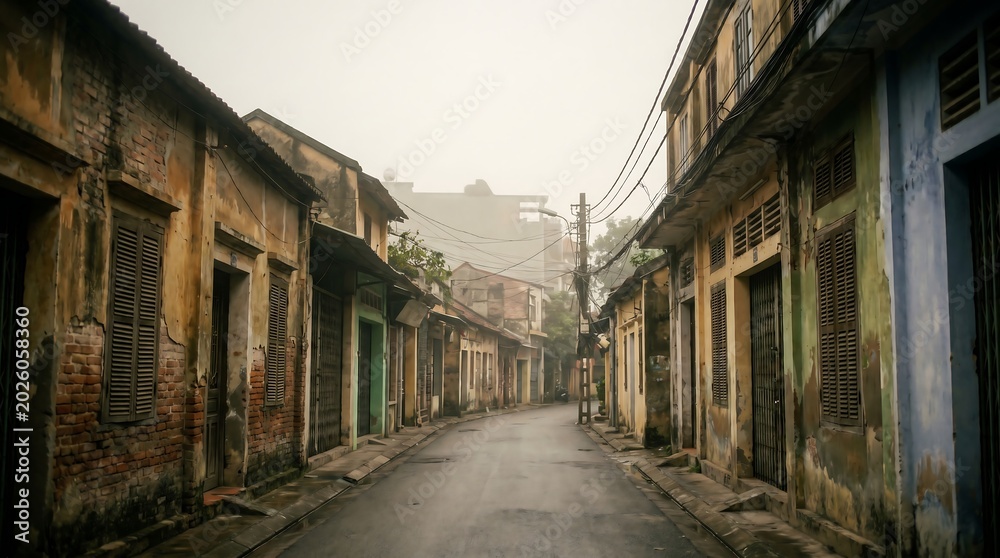 Fototapeta premium Empty narrow street in old southeast asian neighborhood with weathered brick building at dawn representing travel destination concept with hazy sky