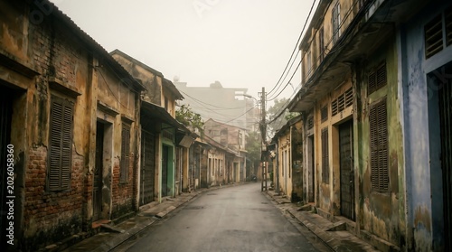 Empty narrow street in old southeast asian neighborhood with weathered brick building at dawn representing travel destination concept with hazy sky