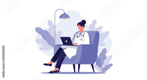 Professional female doctor in a white coat sitting in a purple armchair while working on a laptop with plants in the back.
