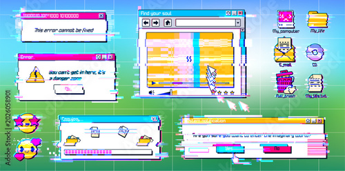 Y2K style glitch window with retro pixel error message. Digital system interface with classic 90s software design, internet icons, and nostalgic UI elements, vector illustration