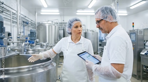 Female engineer and male supervisor in hairnets and aprons discussing quality control by large stainless steel machine vat at food plant