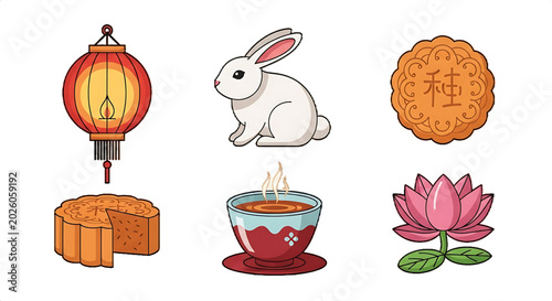 Charming collection of Mid-Autumn Festival symbols including a lantern, rabbit, mooncake, and lotus.