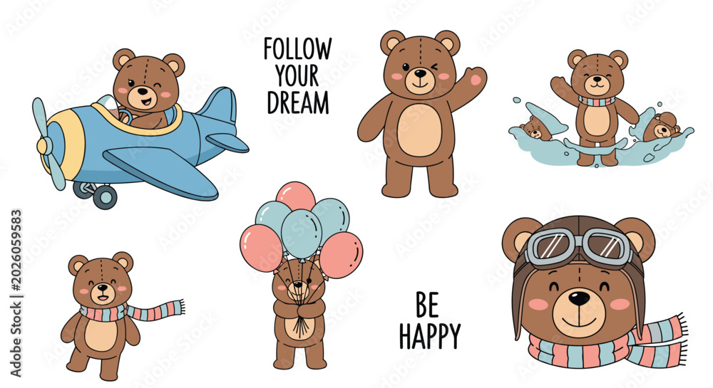 Fototapeta premium Adorable brown bear character collection including pilot sailor and traveler themes for nursery decor and kids adventure stories.