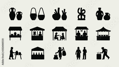 Quadro su tela Set of 15 Black Farmers Market and Pottery Silhouettes Vector Icons