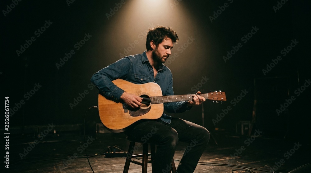 Obraz premium Acoustic guitar player in denim shirt seated on stool under warm spotlight on dark stage