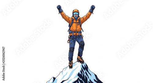 Schilderij op canvas Man Climber Reaches Mountain Summit Celebrating Victory.