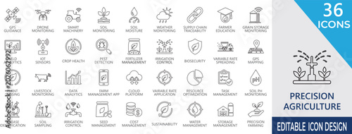 Foto Precision agriculture line icon set featuring smart farming, GPS, strategy, monitoring, livestock, fertilizer, sensors, irrigation, and analytics