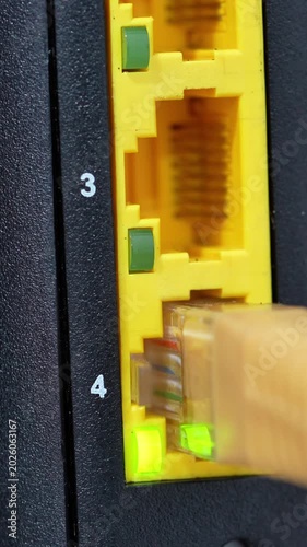 Cable Modem Ethernet LAN Port RJ45 Cable Connected Green LED Light Blinking