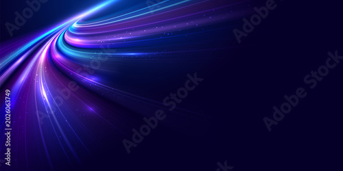 Futuristic glowing light trail background with flowing neon data lines, digital motion, and abstract cyber technology on dark blue copy space vector illustration.