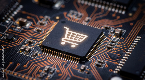 Microchip with a glowing shopping cart icon on a motherboard representing e-commerce technology, retail AI and digital commerce infrastructure