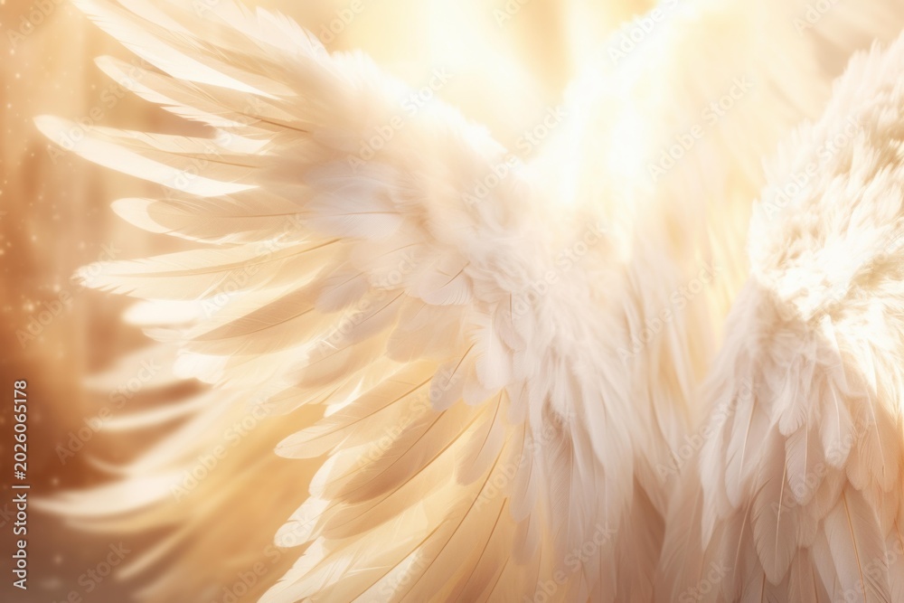 Fototapeta premium White feathered angel wings illuminated by a bright, ethereal golden glow