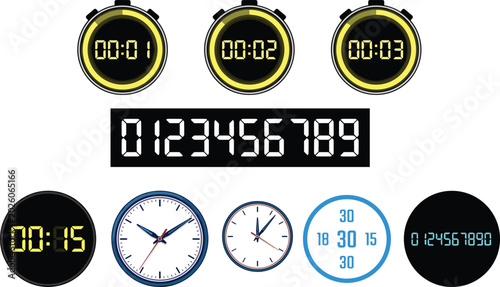 Foto Digital and Analog Clock Collection Vector Illustration Set Featuring Stopwatch