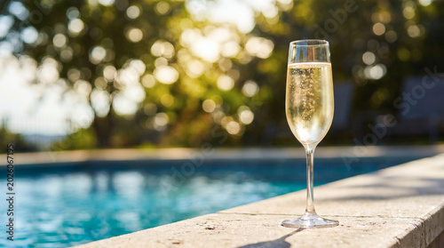 A glass of champagne with bubbles by the poolside under sunlight