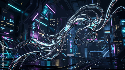 Dynamic Metallic Fluid Sculpture Flows Through a Luminous Neon Cybernetic City, Symbolizing the Interconnectedness of Digital Life and Future Urban Evolution