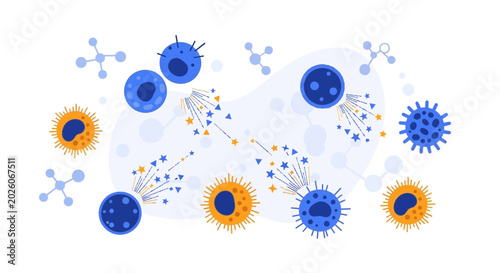 Immune System Cells Fighting Viruses and Bacteria, Immune Response, Medical Illustration