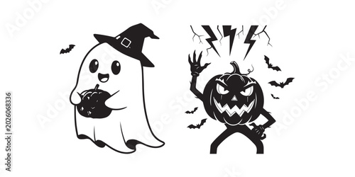 Tableau sur toile Cute cartoon ghost holding jack o lantern with lightning and bats