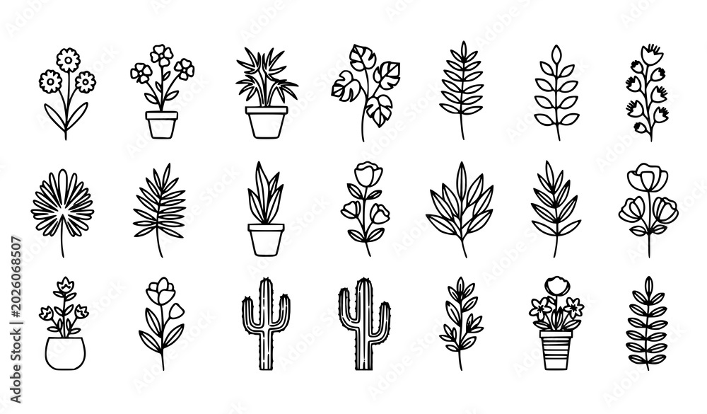 Fototapeta premium Abstract minimalist flower and plant outline vector icons with clean botanical line art