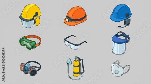 Collection of safety equipment including hard hats, goggles, and respirators for protection.