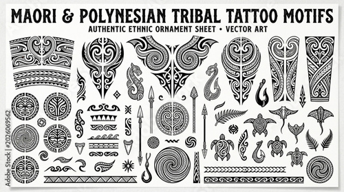 Foto Maori and Polynesian Tribal Tattoo Motifs Vector Art.
