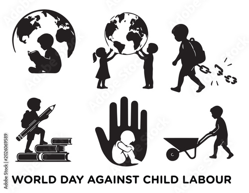 World Day Against Child Labour Silhouette Icons Set