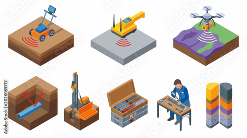 Isometric illustration of various ground penetrating radar and surveying equipment in use.