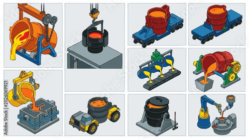 Isometric illustration of metal casting process with molten metal and equipment.