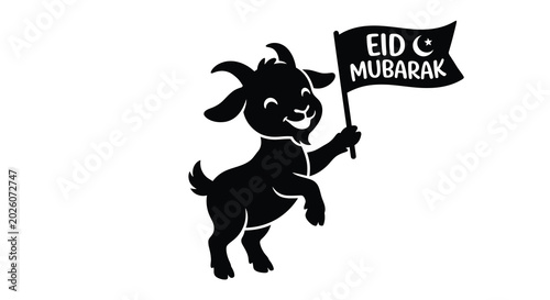 Cuadro en lienzo Goat holding eid mubarak flag black silhouette