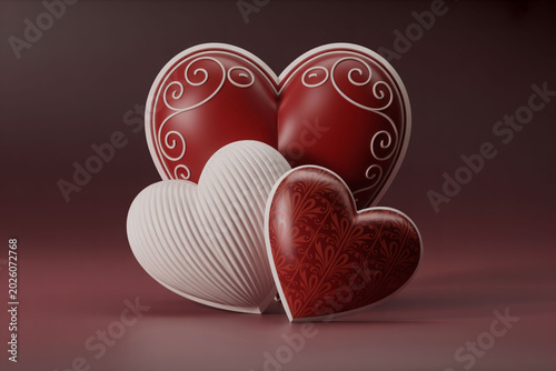 Three dimensional heart collection featuring red patterned white ribbed and floral embossed ornaments against dark elegant backdrop.