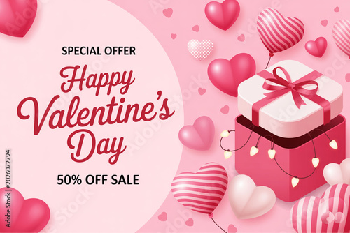 Happy valentines day sale poster with pink gift box and hearts floating on soft background for romantic holiday seasonal marketing.