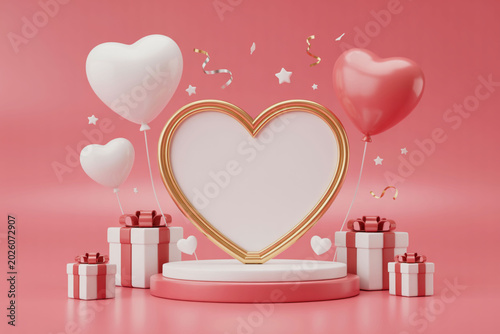 Valentine's day heart frame with gifts, balloons and confetti on pink background; celebration; romantic atmosphere.
