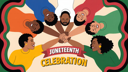 Diverse group of people putting hands together in circle to show unity for juneteenth celebration.