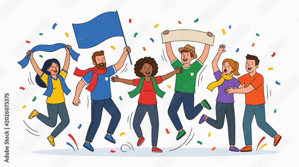 Fototapeta premium Diverse group of happy fans celebrating with flags and confetti at a sports event or festival vector