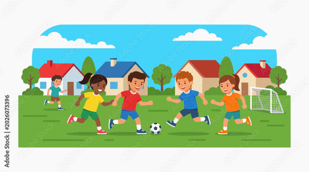 Naklejka premium Diverse group of children playing soccer on a sunny day in a suburban neighborhood with houses and trees vector