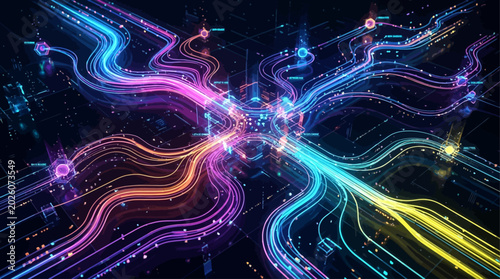 Tableau sur toile Vibrant abstract digital network of glowing interconnected lines and particles,