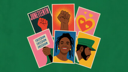 Collection of vibrant juneteenth themed posters showcasing diverse imagery of freedom, joy, and african american pride.
