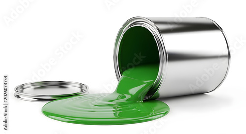 Green paint spilling from silver metal bucket, vibrant liquid enamel flowing from open tin can, professional house painting and home renovation concept