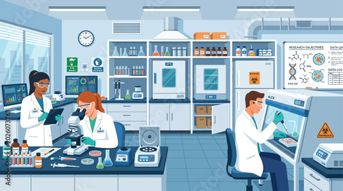 Modern research lab where diverse scientists conduct advanced experiments, fostering discovery, innovation, and collaboration using cutting-edge equipment and technology
