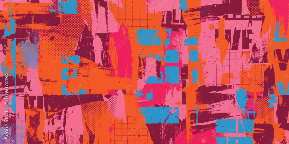 Fototapeta premium Abstract background with vibrant orange pink and blue geometric shapes and messy layered textures for creative design