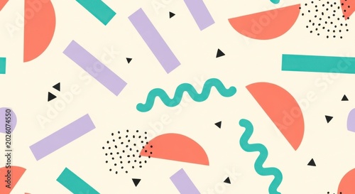 Retro Memphis Style Seamless Pattern with Geometric Shapes.