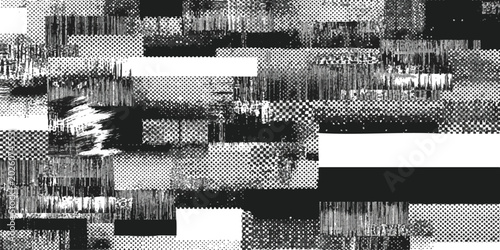 Tableau sur toile Abstract black and white halftone geometric pattern with digital glitch effect a