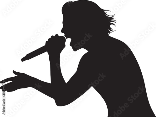 Black Silhouette of Male Singer Performing with Microphone, Passionate Vocalist Artist Profile for Music Concert Poster or Event Design