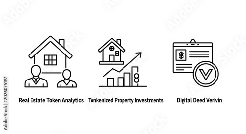 Icons for real estate: people with houses property investment analytics with graphs digital deed verification property investment analytics verification business building analysis