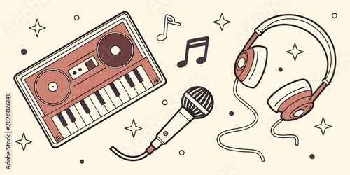 Bild auf Leinwand Creative music illustration with synthesizer headphones microphone and musical notes in hand drawn style